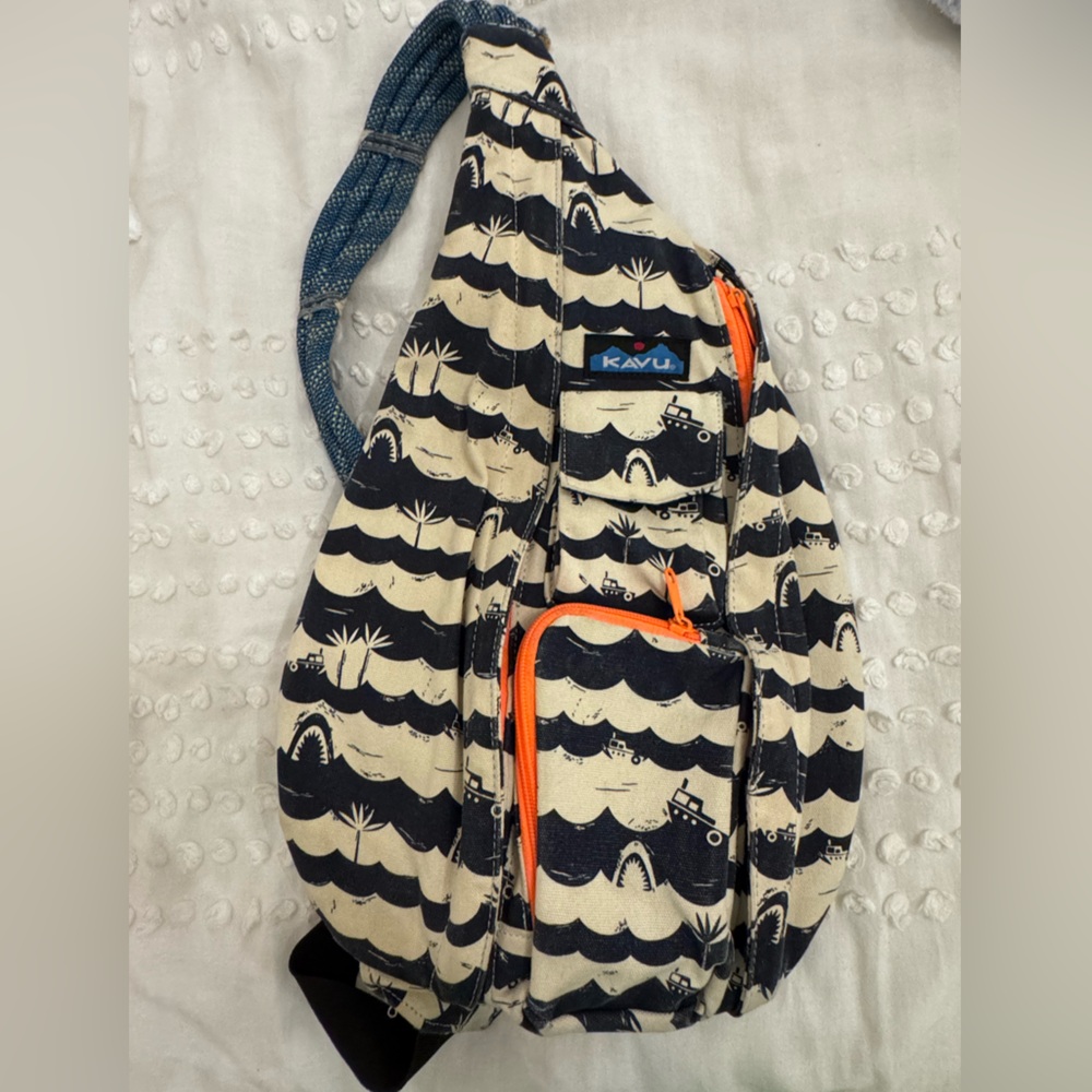 Kavu Navy and Cream Patterned Sling Bag with Orange Zipper